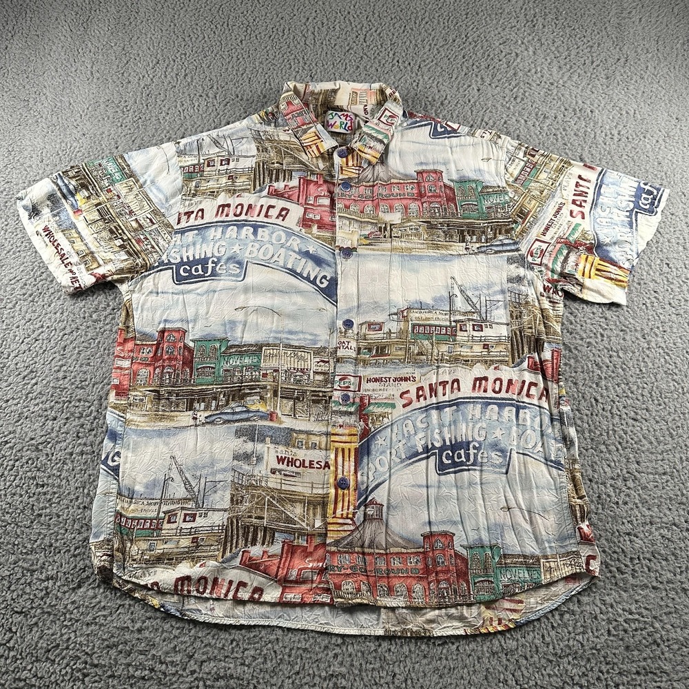 Jams World Shirt Mens L Rayon Santa Monica Pier Graphic Button Up Rare